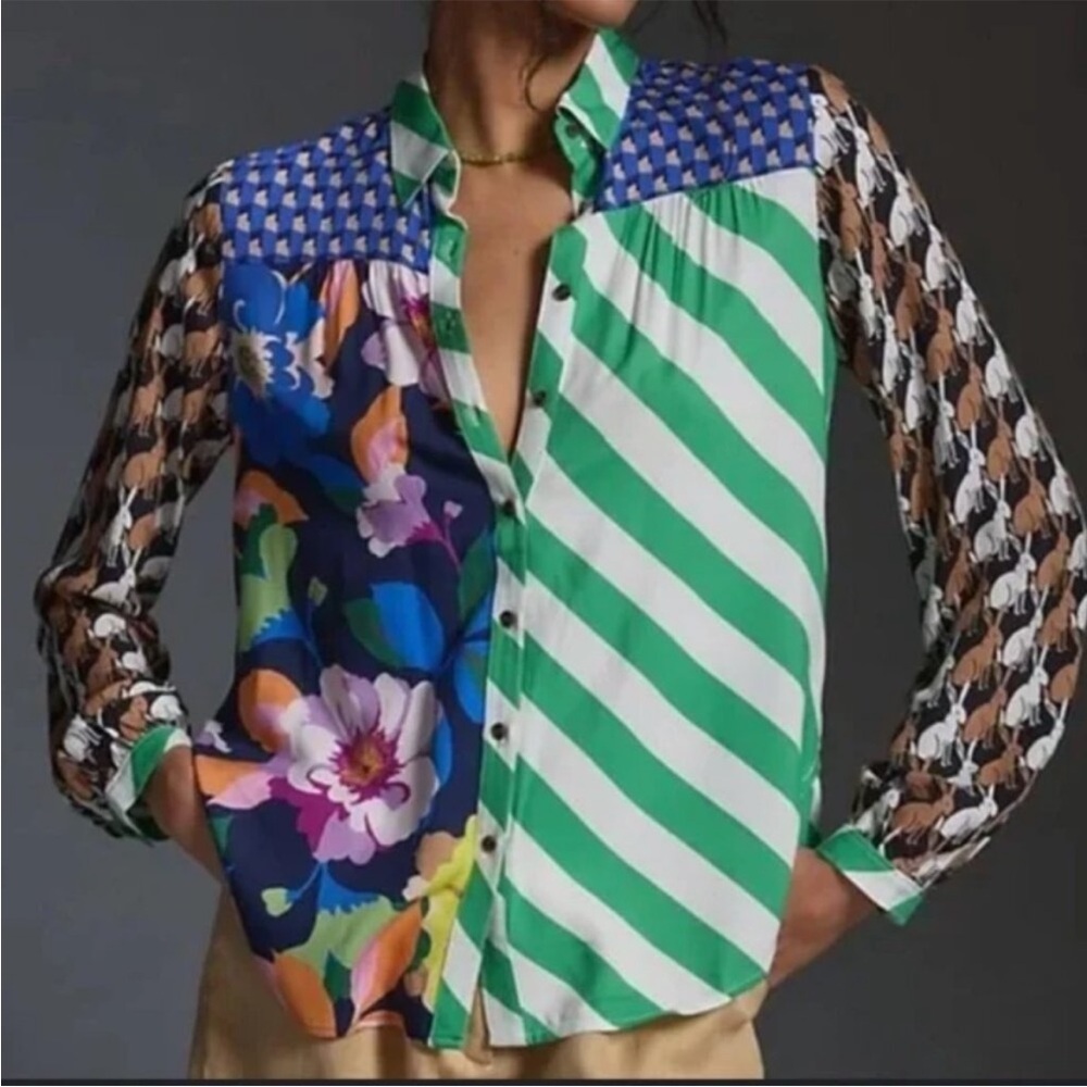 Anthropologie Maeve The Paz Bunnies Stripes Flowers Multicolor Patterned Blouse